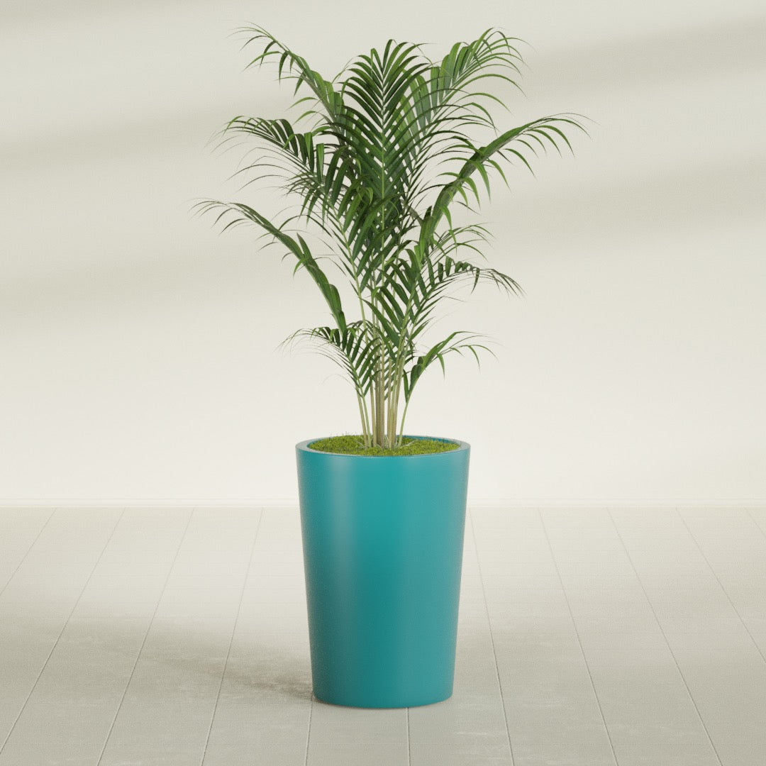 Tegel Round Tapered fiberglass planter in Satin Seafoam Green, shown planted, in a sunlit interior