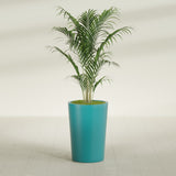 Tegel Round Tapered fiberglass planter in Satin Seafoam Green, shown planted, in a sunlit interior