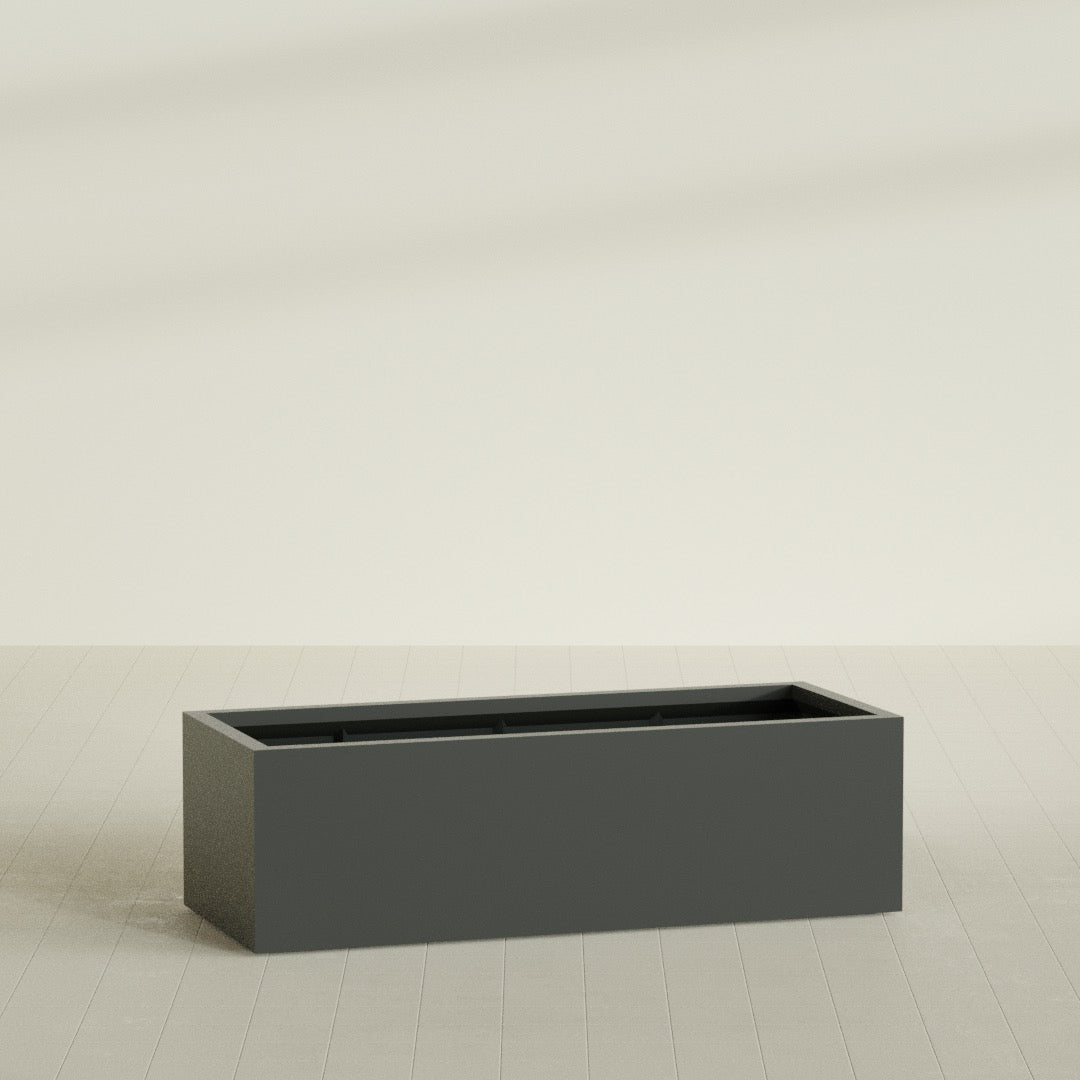 Torino Wide Rectangular Planter in Matte Charcoal, 60"L × 24"D × 18"H, shown empty