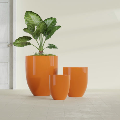 Valencia Tapered Round fiberglass planter in Gloss Tangerine, size range, in a sunlit interior