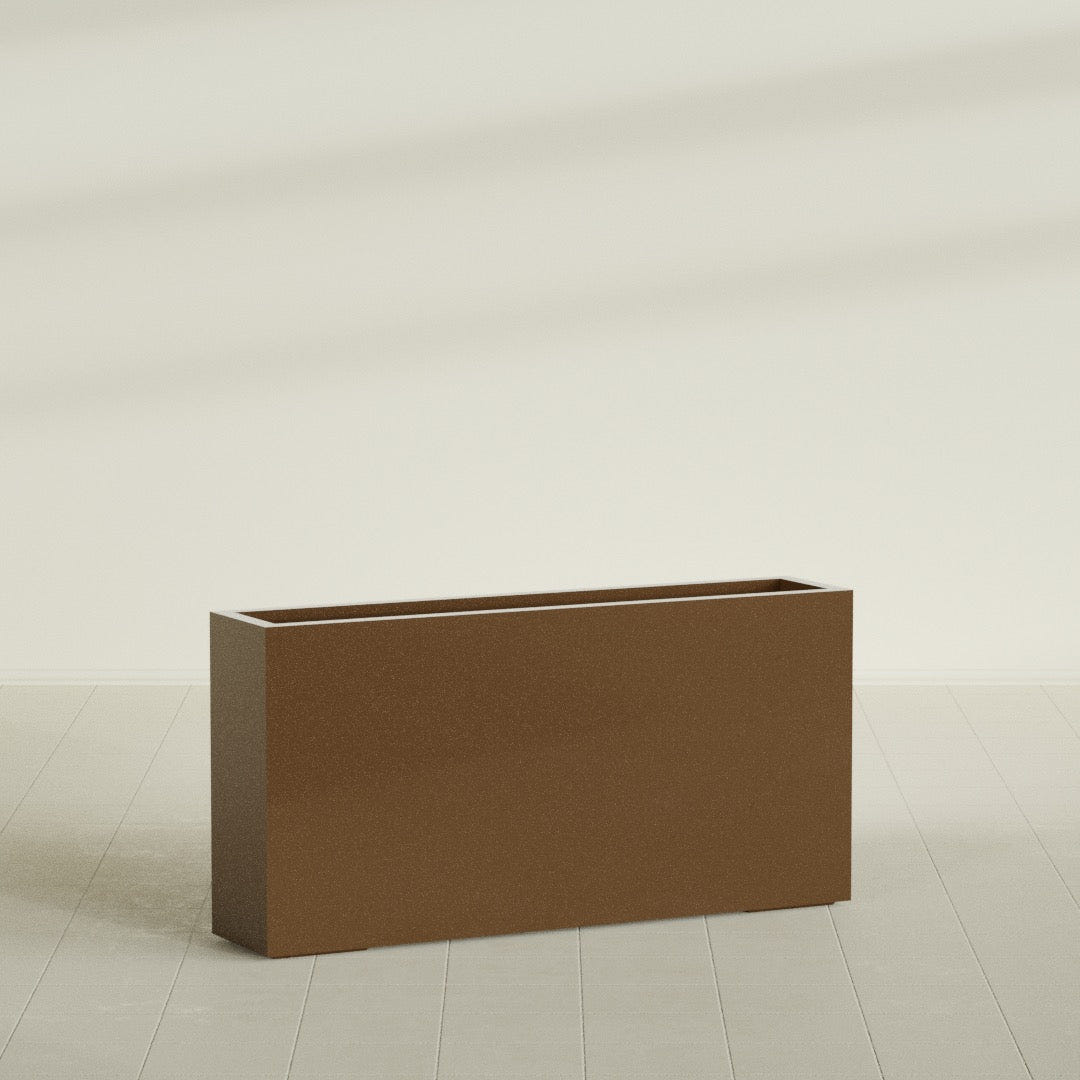 Milano Narrow Rectangular Planter in Metallic Bronze, 48"L × 10"D × 24"H, shown empty