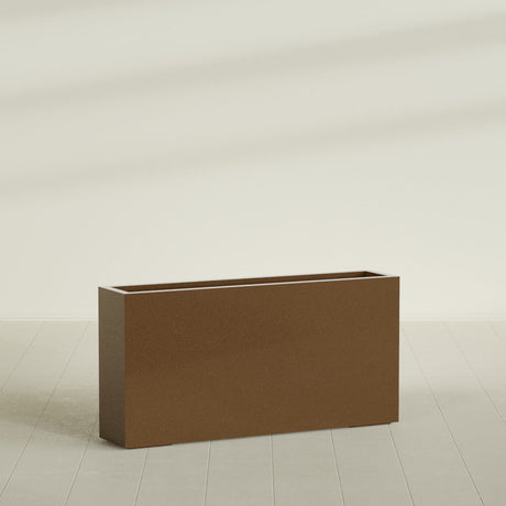 Milano Narrow Rectangular Planter in Metallic Bronze, 48"L × 10"D × 24"H, shown empty