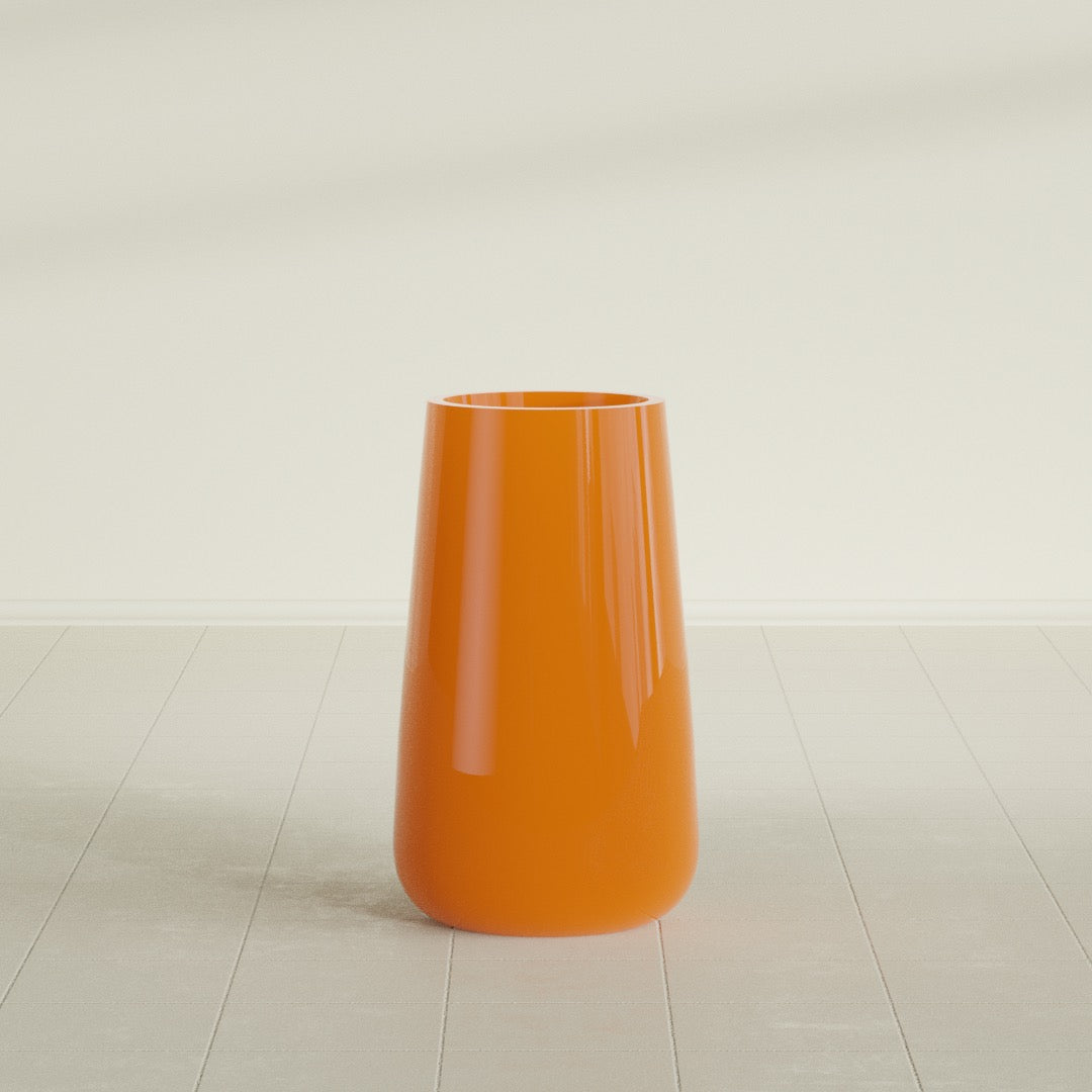 Saigon Tapered Round Planter in Gloss Tangerine, 16"D × 36"H, shown empty