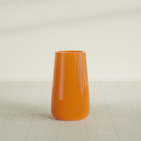 Saigon Tapered Round Planter in Gloss Tangerine, 16"D × 36"H, shown empty
