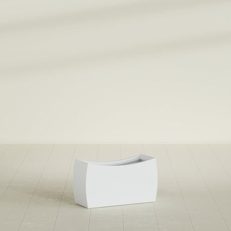 Seoul Curved Planter in Gloss Bright White, 32"L × 12"D × 18"H, shown empty