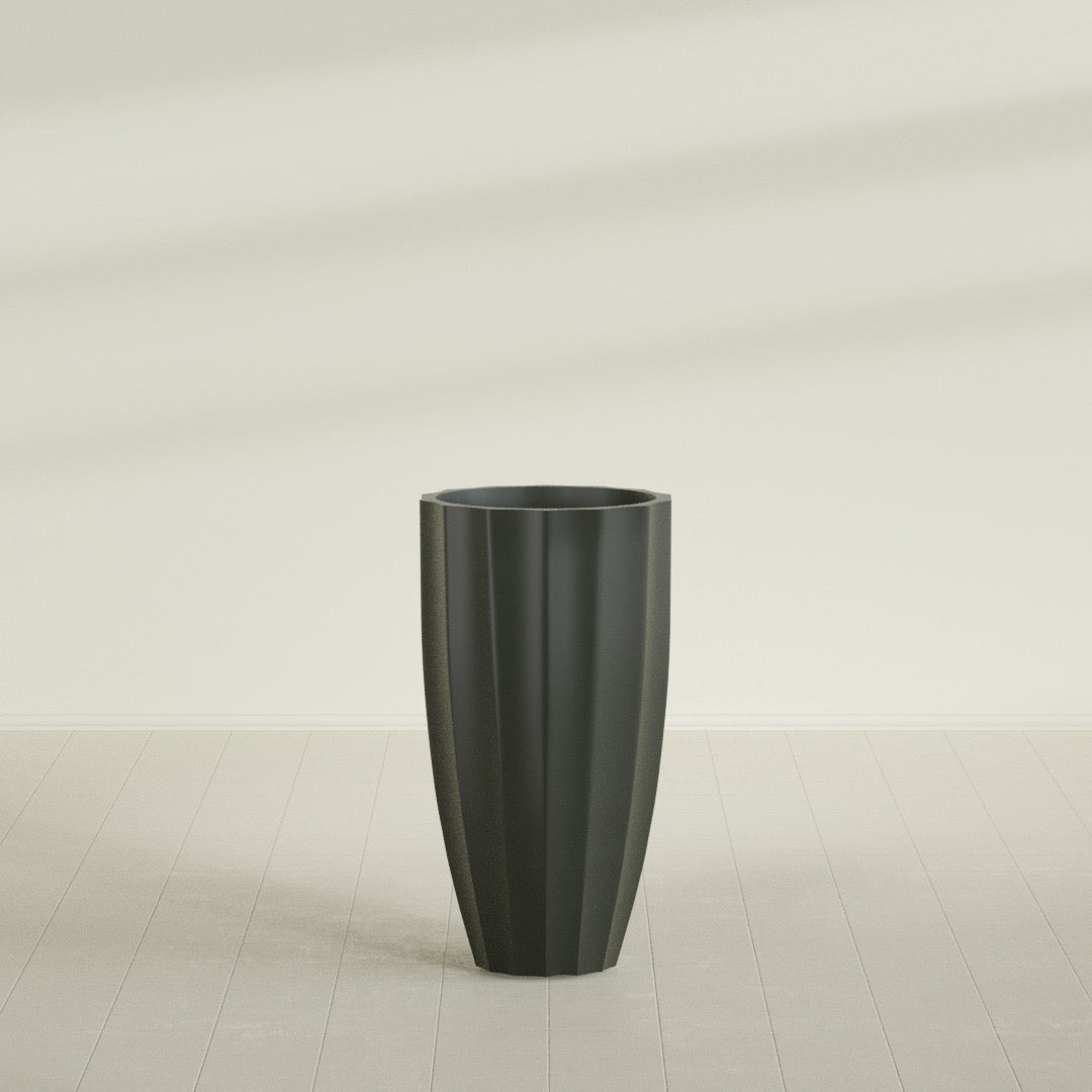 San Jose Tall Fluted Planter in Matte Charcoal, 22"D × 40"H, shown empty