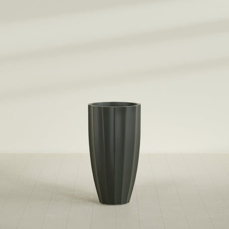 San Jose Tall Fluted Planter in Matte Charcoal, 22"D × 40"H, shown empty