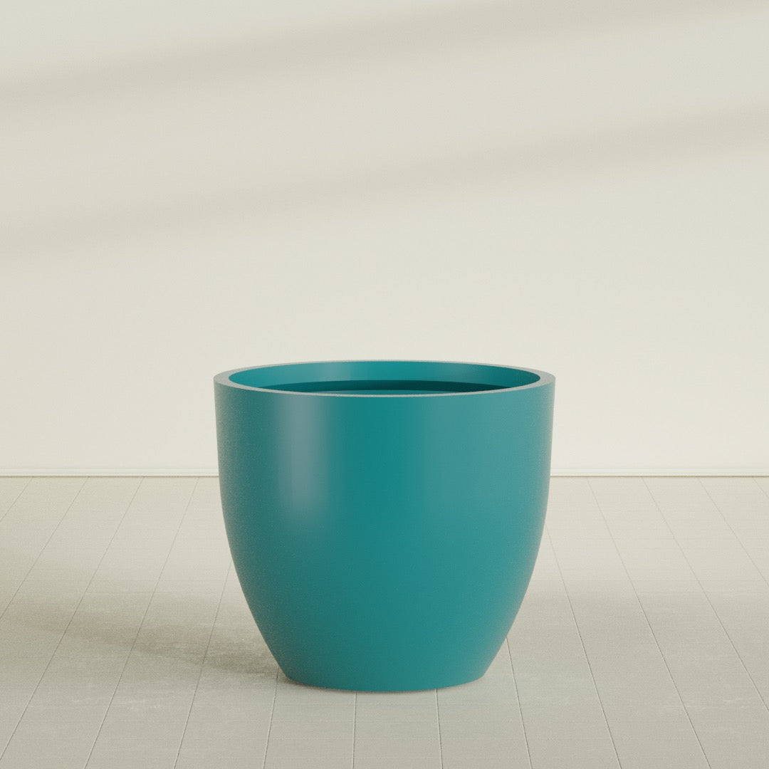 Wannsee Round Planter in Satin Seafoam Green, 50"D × 44"H, shown empty