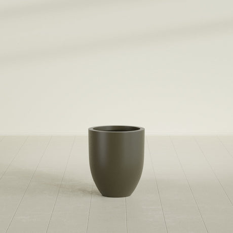 Valencia Tapered Round Planter in Matte Bronze, 15"D × 18"H, shown empty