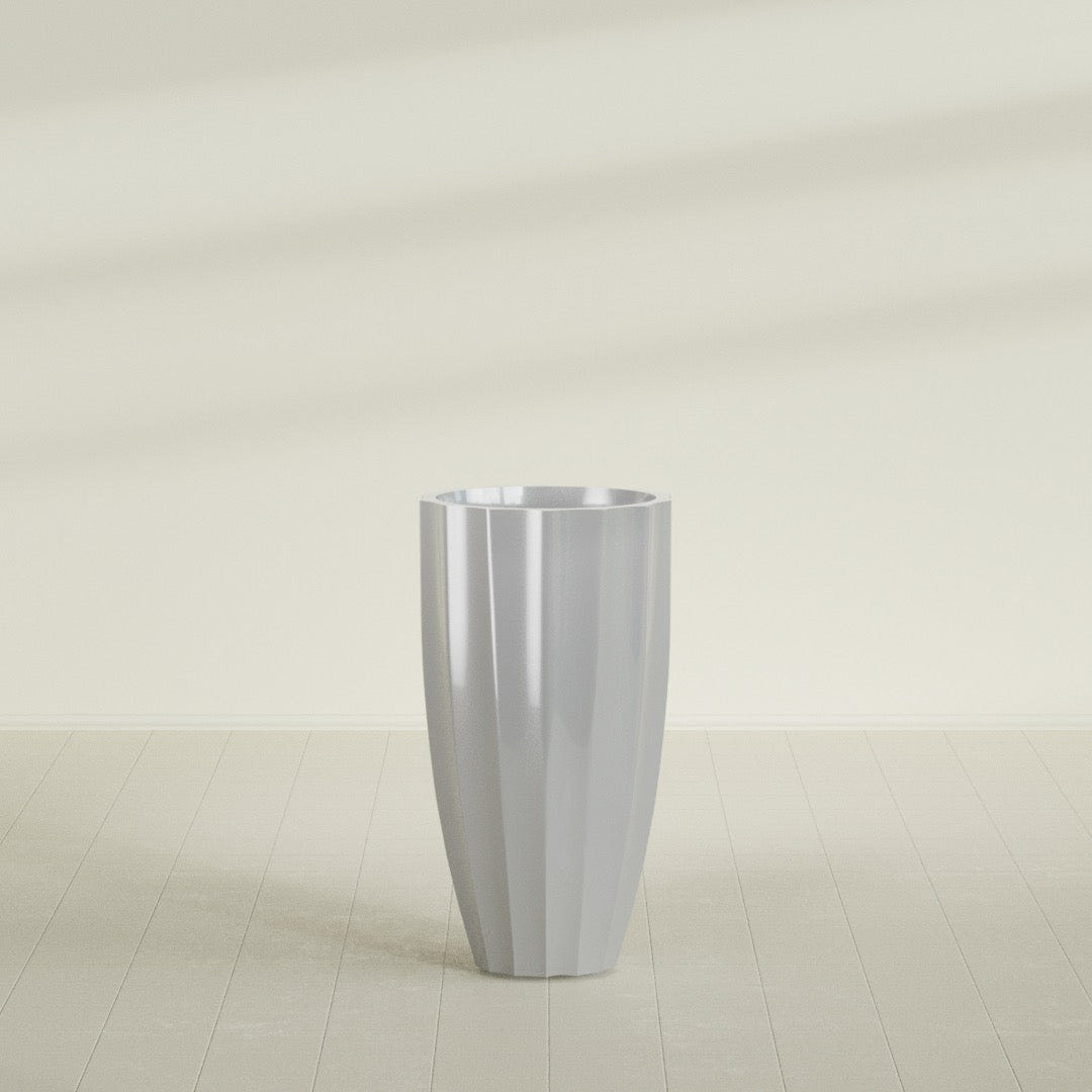 San Jose Tall Fluted Planter in Metallic Silver, 22"D × 40"H, shown empty
