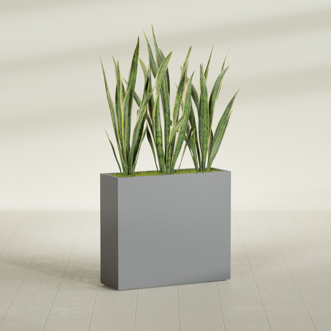 Delray Corner fiberglass planter in Matte Gunmetal, shown planted, in a sunlit interior