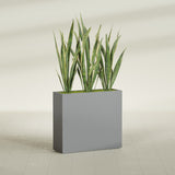 Delray Corner fiberglass planter in Matte Gunmetal, shown planted, in a sunlit interior