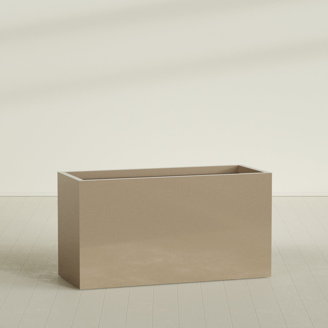 Brisbane Rectangular Planter in Gloss Metallic Gold, 60"L × 24"D × 32"H, shown empty