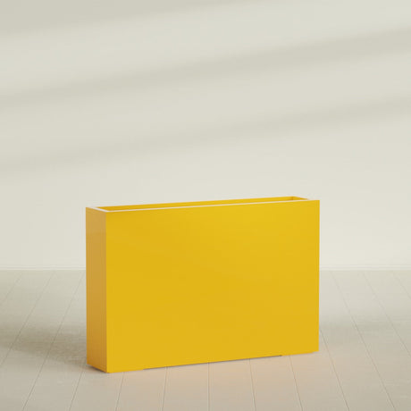 Amesbury Narrow Rectangular Planter in Gloss Saffron, 48"L × 10"D × 32"H, shown empty