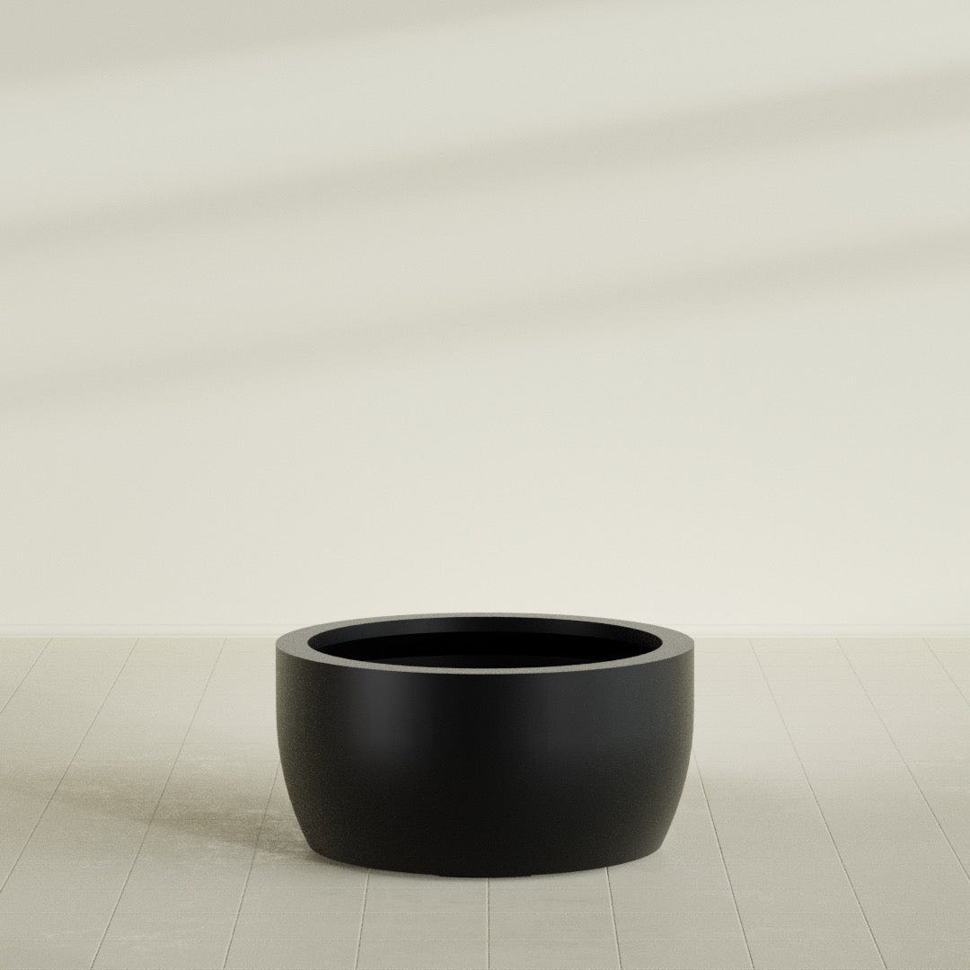 Casablanca Bowl Planter in Matte Black, 36"D × 18"H, shown empty