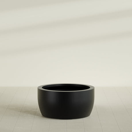 Casablanca Bowl Planter in Matte Black, 36"D × 18"H, shown empty