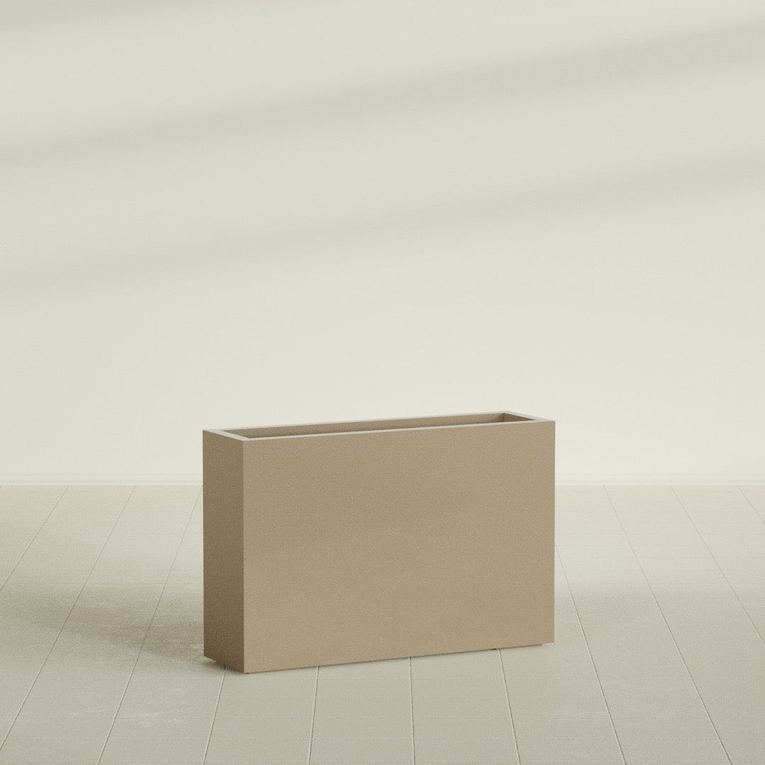 Milano Narrow Rectangular Planter in Gloss Metallic Gold, 36"L × 10"D × 24"H, shown empty
