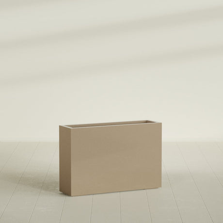 Milano Narrow Rectangular Planter in Gloss Metallic Gold, 36"L × 10"D × 24"H, shown empty