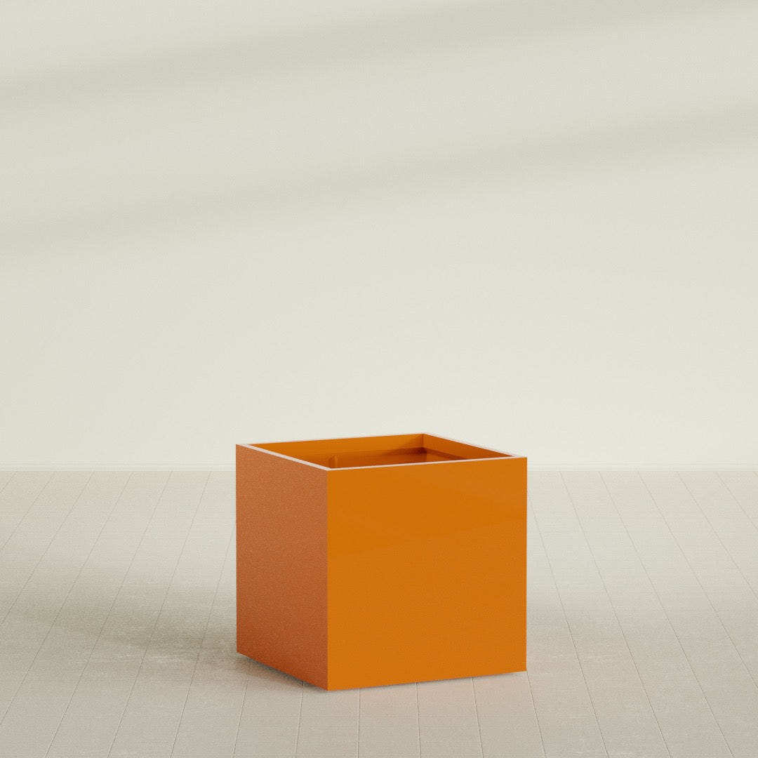 Montroy Cube Planter in Gloss Tangerine, 36", shown empty