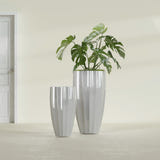 San Jose Tall Fluted fiberglass planter in Metallic Silver, size range, in a sunlit interior