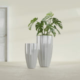 San Jose Tall Fluted fiberglass planter in Metallic Silver, size range, in a sunlit interior