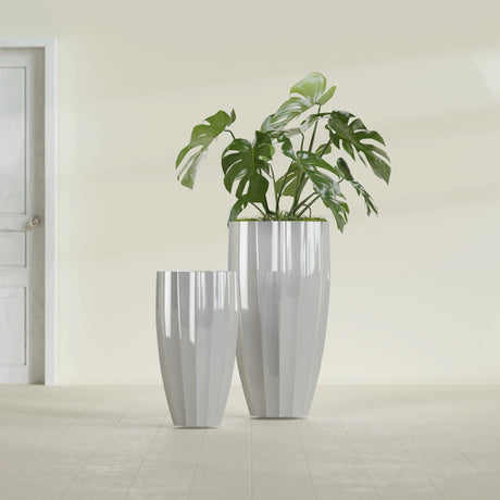 San Jose Tall Fluted fiberglass planter in Metallic Silver, size range, in a sunlit interior