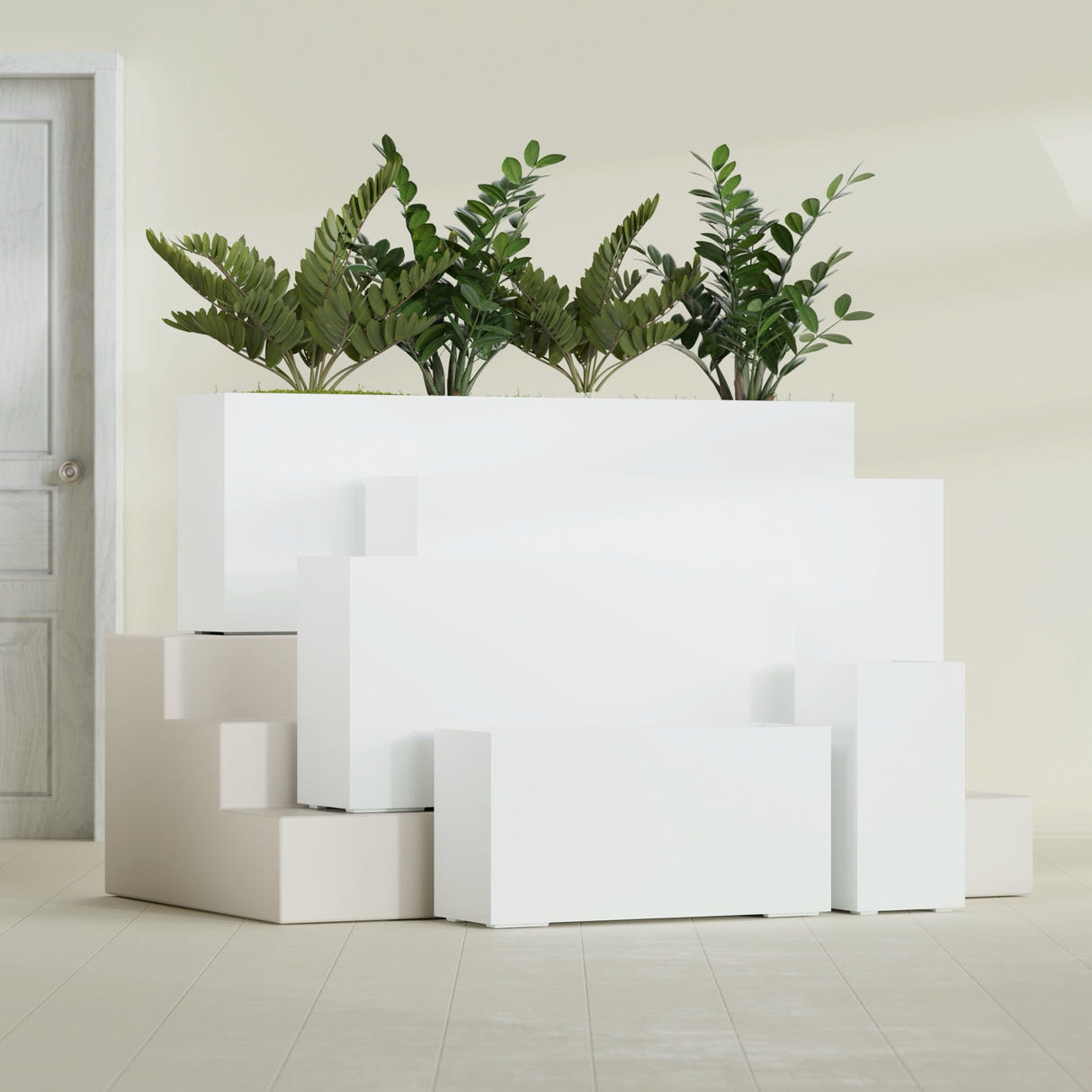 Hollywood Narrow Rectangular fiberglass planter in Gloss Bright White, size range, in a sunlit interior