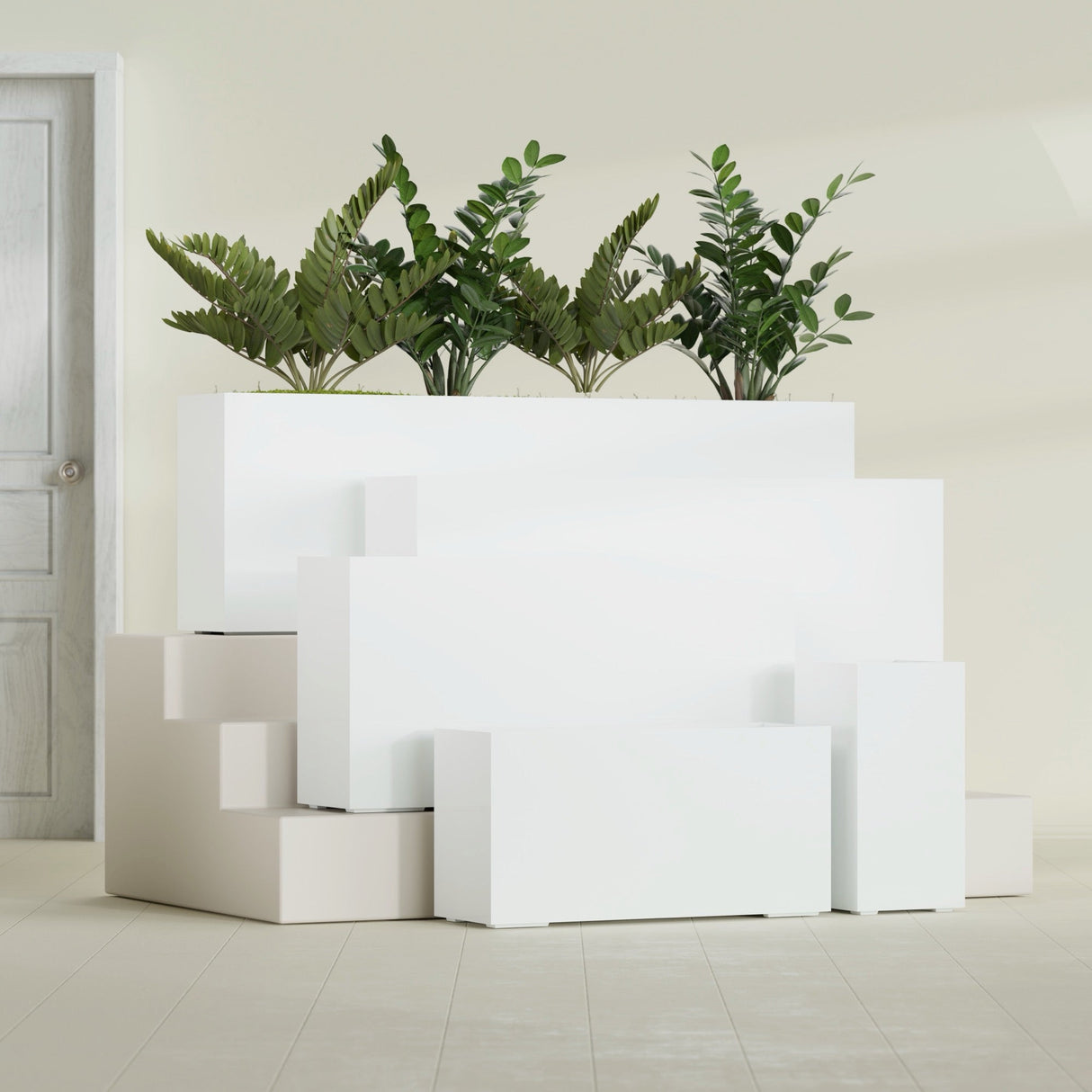 Hollywood Narrow Rectangular fiberglass planter in Gloss Bright White, size range, in a sunlit interior