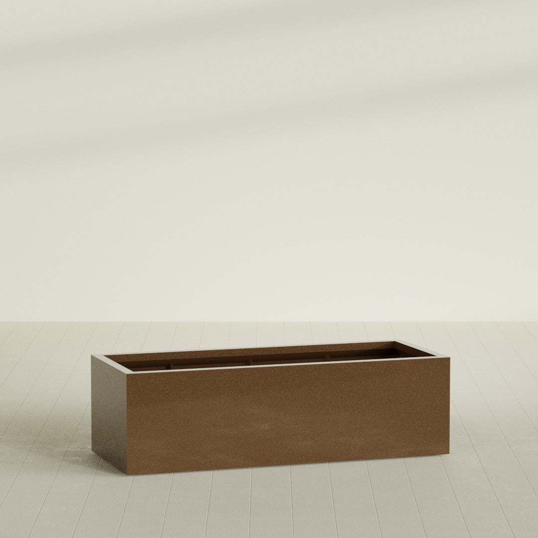 Torino Wide Rectangular Planter in Metallic Bronze, 60"L × 24"D × 18"H, shown empty