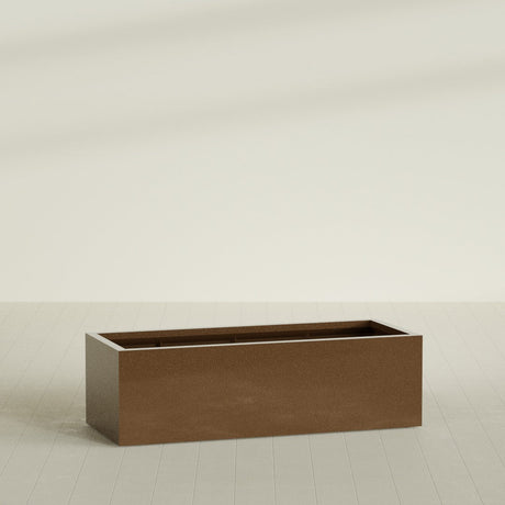 Torino Wide Rectangular Planter in Metallic Bronze, 60"L × 24"D × 18"H, shown empty