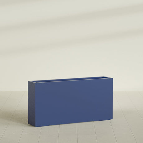 Milano Narrow Rectangular Planter in Matte Cobalt Blue, 48"L × 10"D × 24"H, shown empty