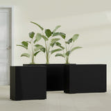 Milano Narrow Rectangular fiberglass planter in Matte Black, shown planted, in a sunlit interior