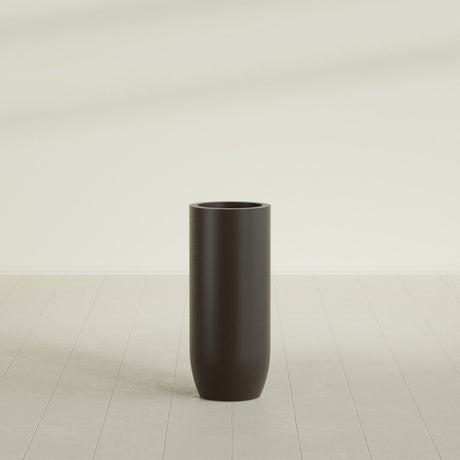 Saint Tropez Bullet Round Planter in Matte Dark Brown, 16"D × 38"H, shown empty