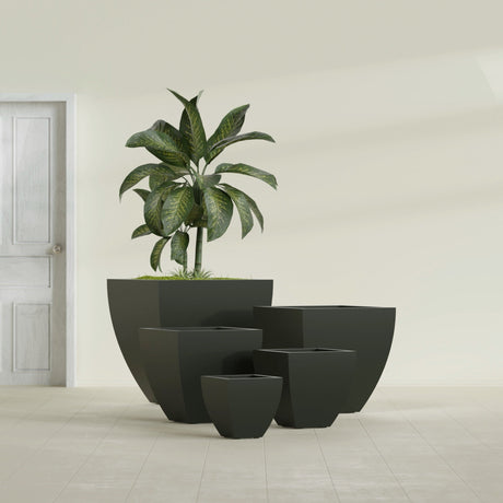 Lima Tapered Square fiberglass planter in Matte Charcoal, size range, in a sunlit interior