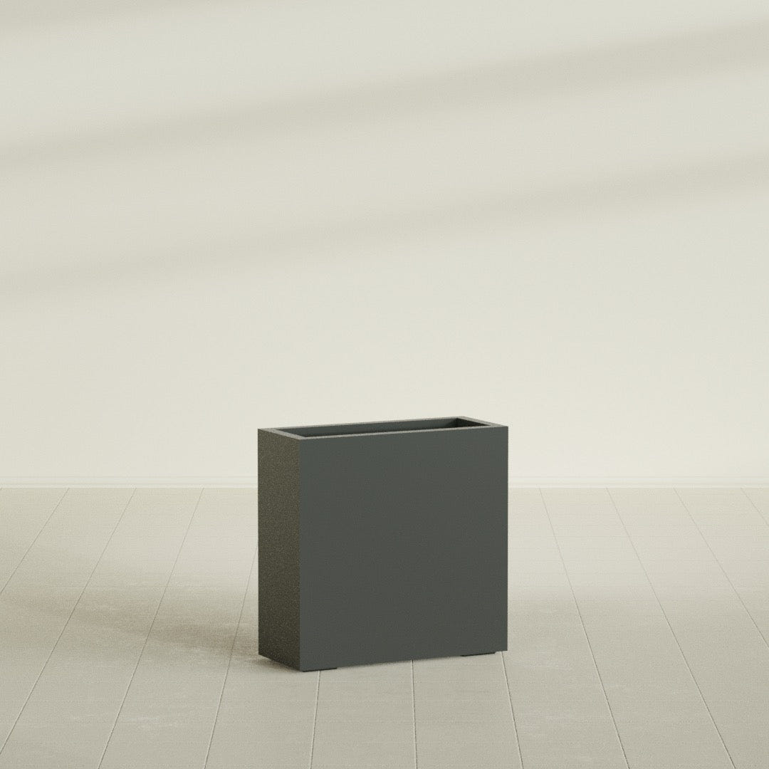 Milano Narrow Rectangular Planter in Matte Charcoal, 24"L × 10"D × 24"H, shown empty