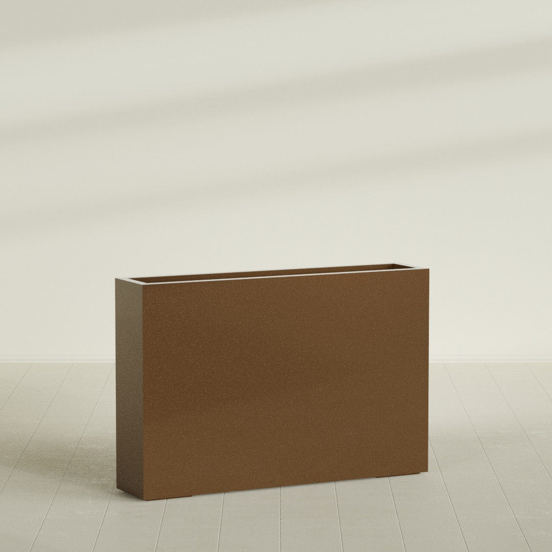 Amesbury Narrow Rectangular Planter in Metallic Bronze, 48"L × 10"D × 32"H, shown empty