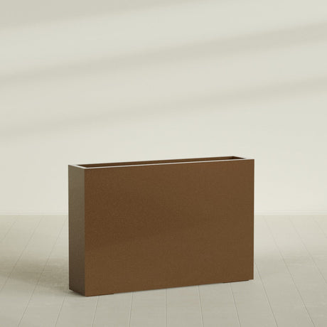 Amesbury Narrow Rectangular Planter in Metallic Bronze, 48"L × 10"D × 32"H, shown empty