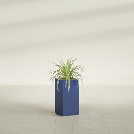 Hollywood Corner fiberglass planter in Matte Cobalt Blue, planted, in a sunlit interior