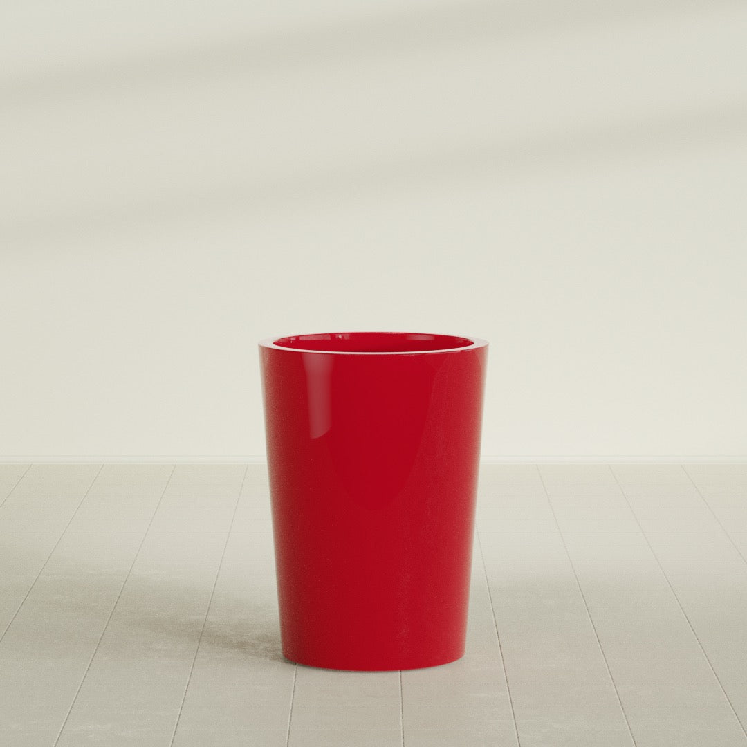 Tegel Round Tapered Planter in Gloss Red, 22"D × 30"H, shown empty
