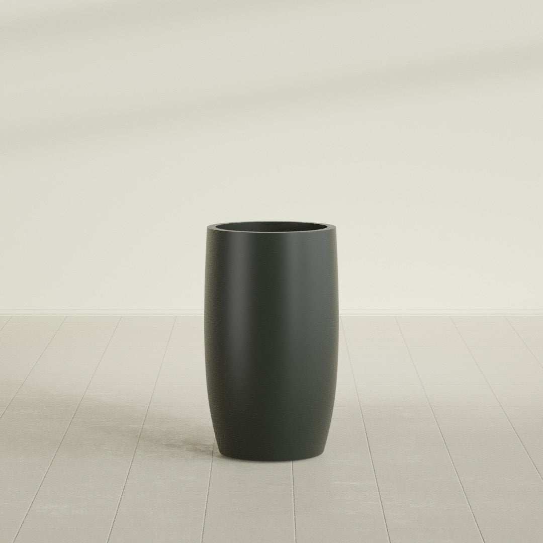 Lisbon tall round tapered fiberglass planter in Matte Charcoal, 18 in diameter, 32 in high, shown empty