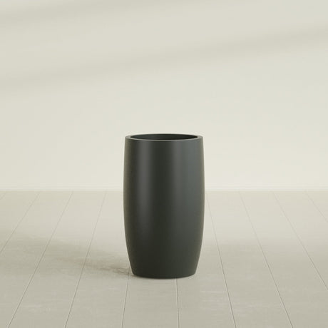 Lisbon tall round tapered fiberglass planter in Matte Charcoal, 18 in diameter, 32 in high, shown empty