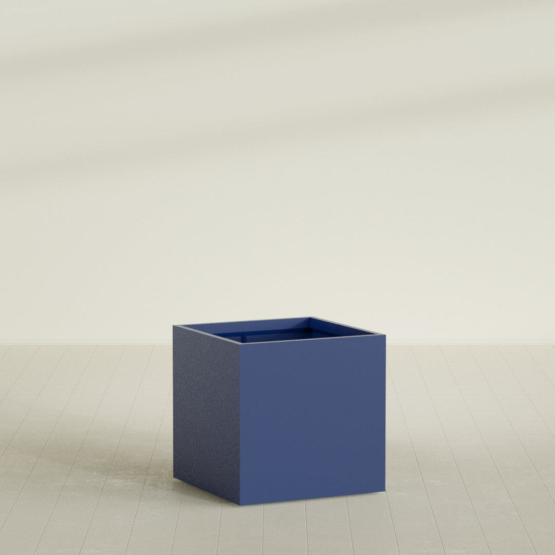 Montroy Cube Planter in Matte Cobalt Blue, 36", shown empty