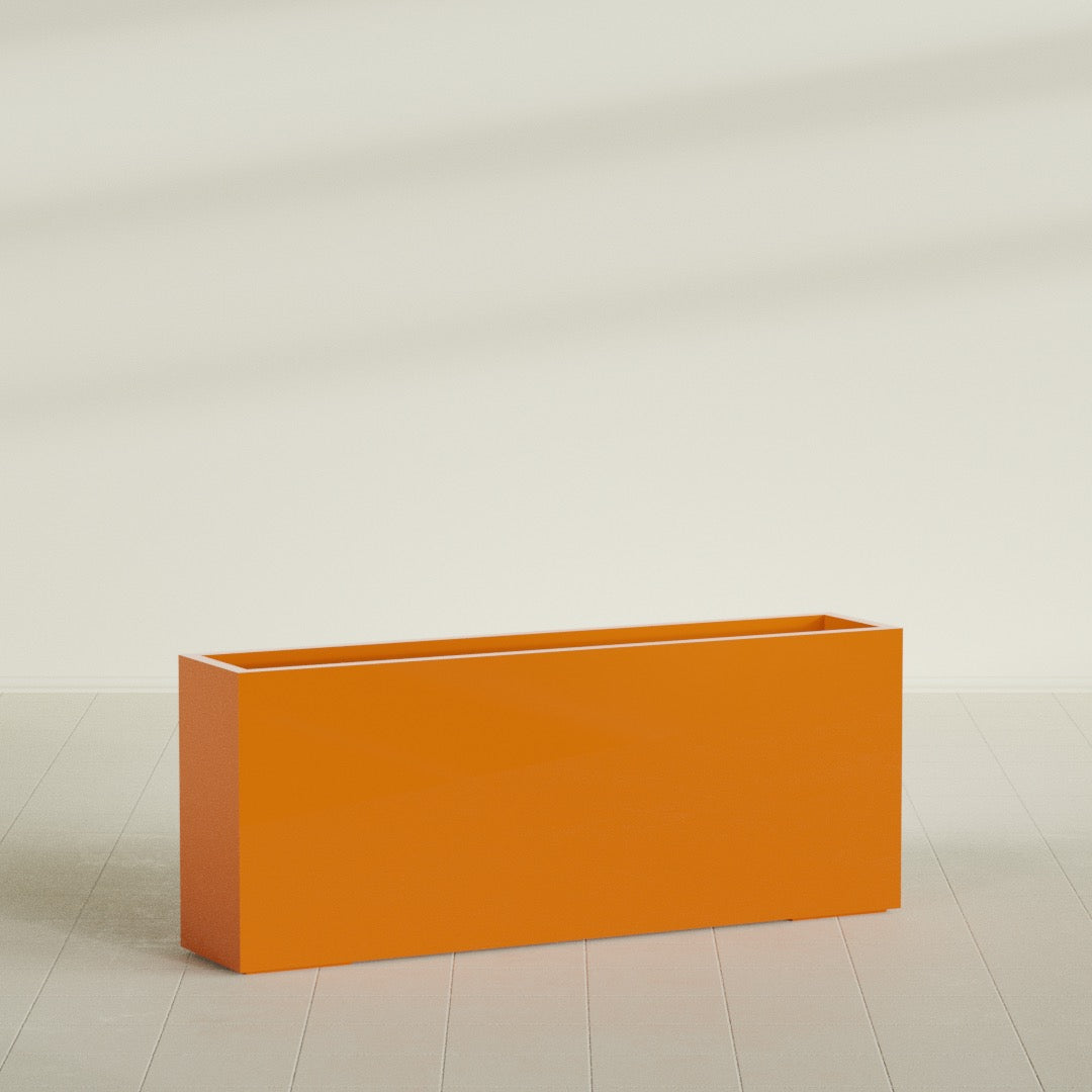 Hollywood Narrow Rectangular Planter in Gloss Tangerine, 60"L × 12"D × 24"H, shown empty