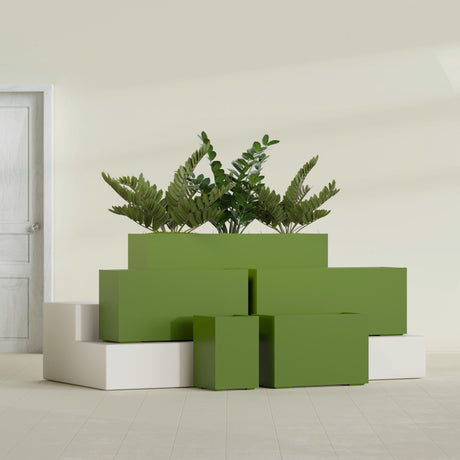 Tolga Rectangular fiberglass planter in Satin Green, size range, in a sunlit interior