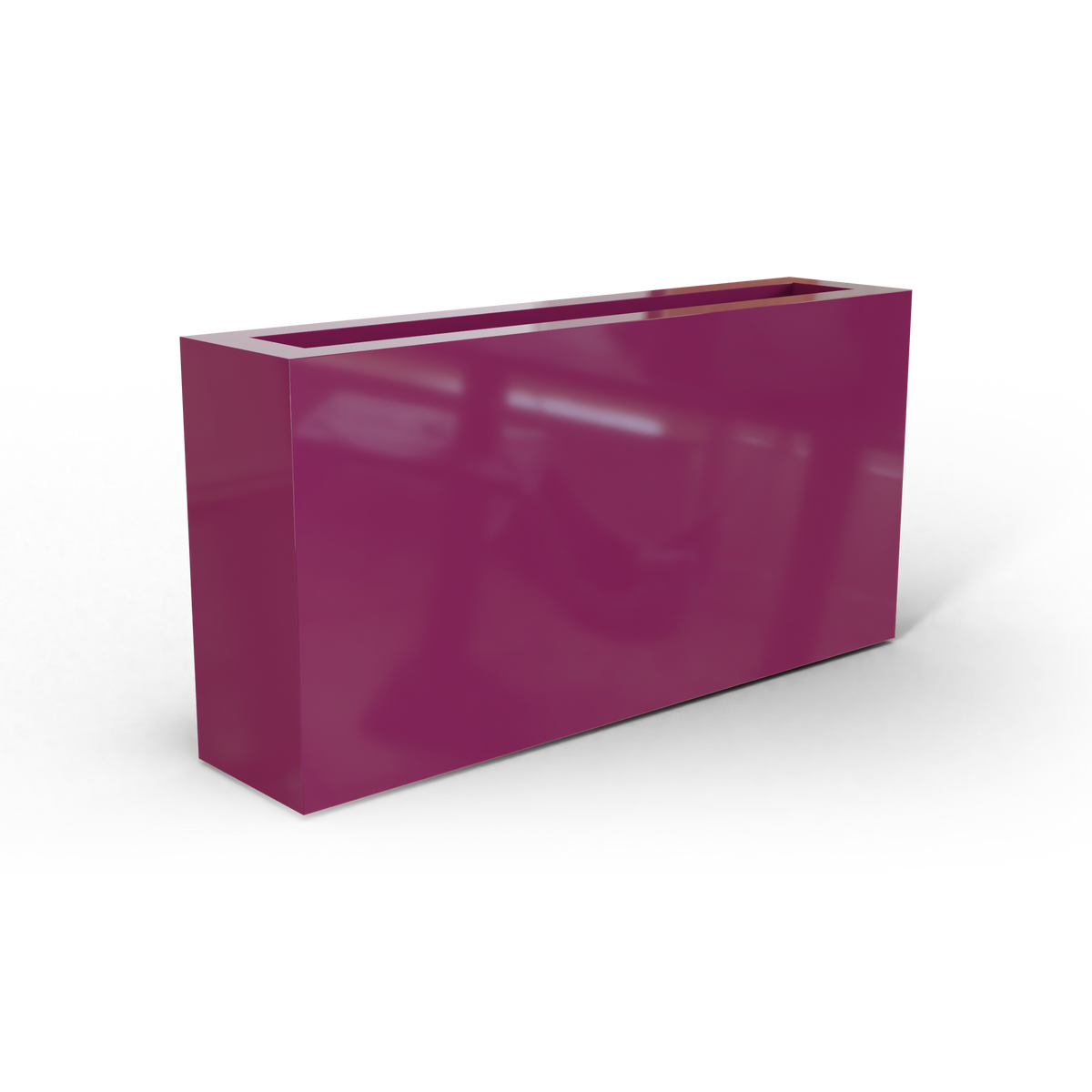 Camoux narrow fiberglass planter in Gloss Eggplant, 36 × 8 × 18 in, studio render