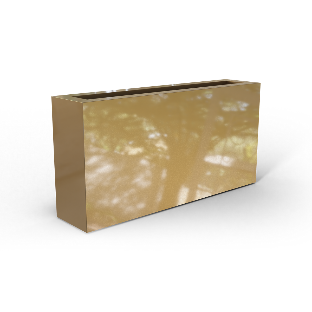 Camoux narrow fiberglass planter in Gloss Metallic Gold, 36 × 8 × 18 in, studio render
