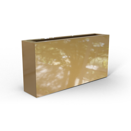 Camoux narrow fiberglass planter in Gloss Metallic Gold, 36 × 8 × 18 in, studio render
