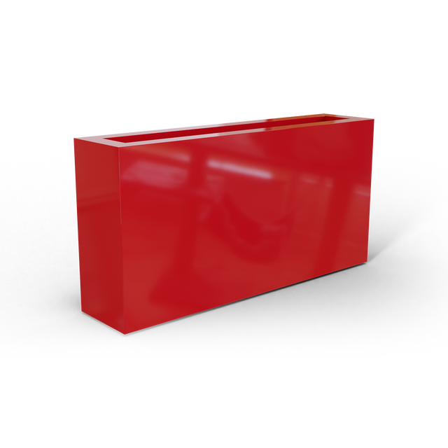 Camoux narrow fiberglass planter in Gloss Red, 36 × 8 × 18 in, studio render