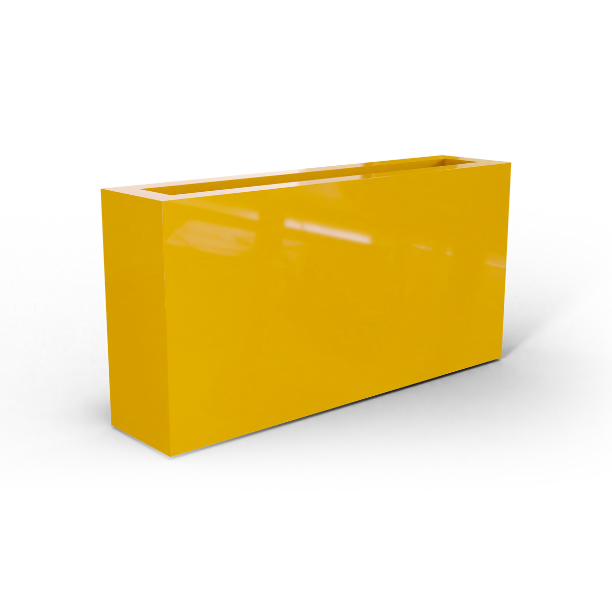Camoux narrow fiberglass planter in Gloss Saffron, 36 × 8 × 18 in, studio render