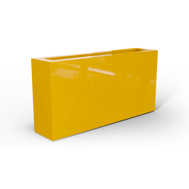 Camoux narrow fiberglass planter in Gloss Saffron, 36 × 8 × 18 in, studio render